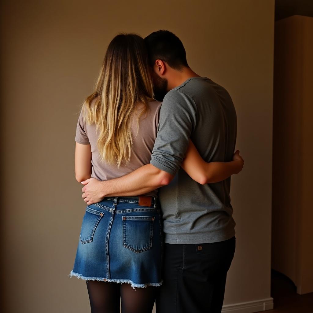 In a cozy, softly lit room, a couple stands closely together, showcasing a moment of intimacy. The woman wears a stylish denim skirt paired with black pantyhose, while the man is dressed casually in a gray shirt and pants. They embrace from behind, their heads gently resting against one another, symbolizing love and connection. The warm colors of the room enhance the tender atmosphere. This image conveys a strong sense of partnership and closeness between the couple.