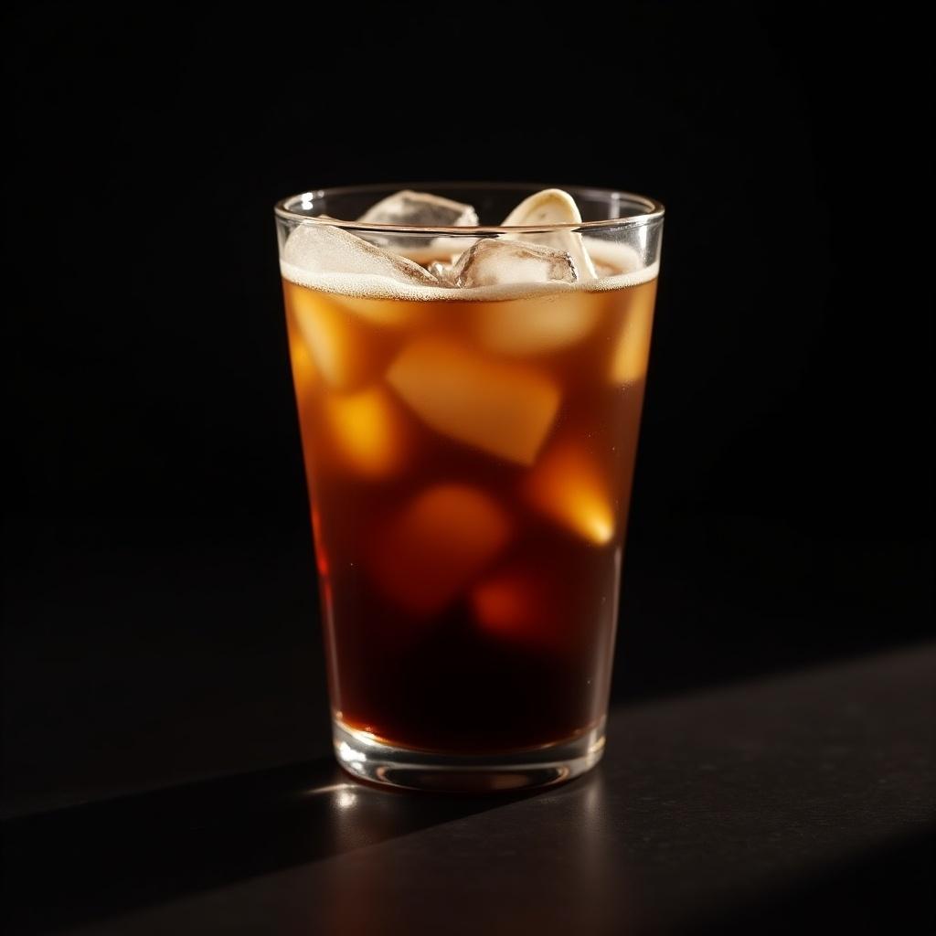 Iced Americano coffee in a clear glass with ice cubes. Dark background enhancing the drink. Lighting highlights the drink's texture and color.