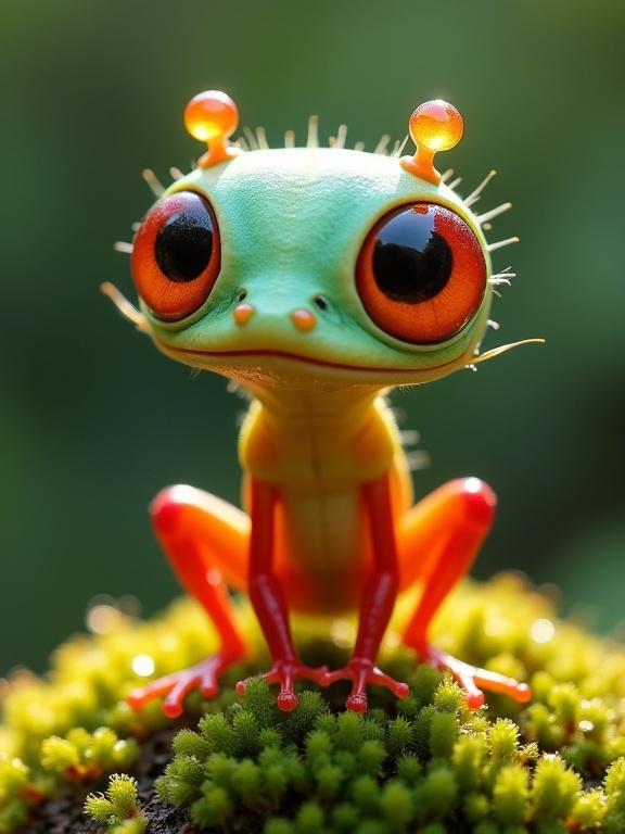 Image shows a colorful creature sitting on moss. The creature has a large head and oversized eyes. Its body is small and segmented. The colors are bright and vivid. The setting is a green forest background with detailed moss.