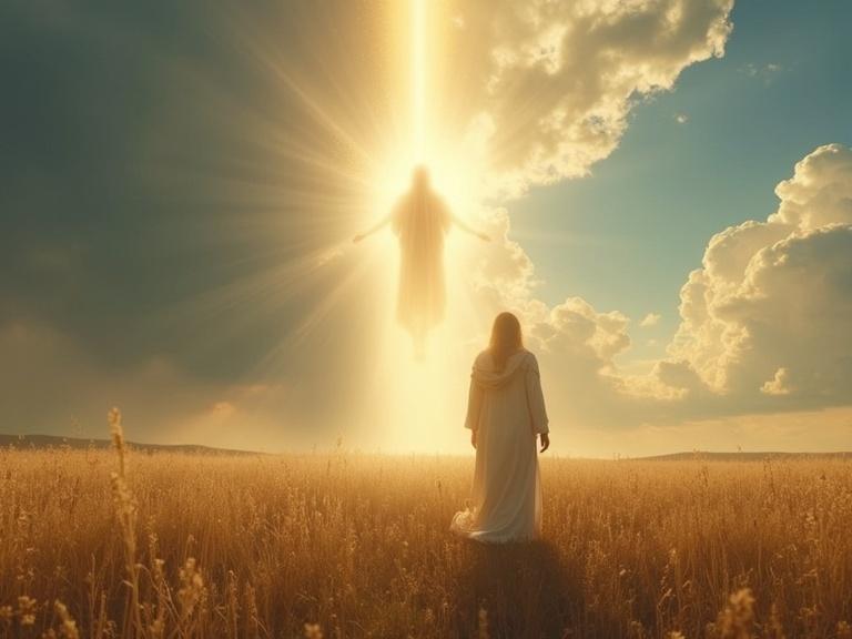 Enoch stands in a golden field. A divine figure is faintly visible in the sky. A glowing connection exists between them. Ethereal light illuminates the scene. Realistic style is used. The image is in a 9:16 aspect ratio.