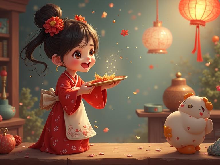 A young girl in a bright red kimono joyfully presents a plate of food. She has dark hair with flowers and is standing beside a cute, round animal character. The setting is decorated with lanterns and floral petals floating in the air.