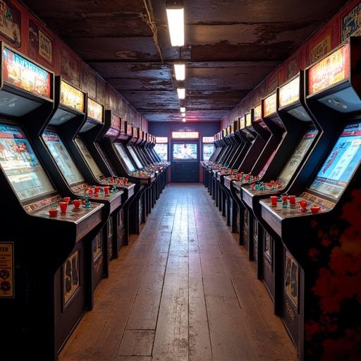 A long arcade hall with dim lighting and dusty wooden floors. 30 arcade machine cabinets are present. 15 machines are on the left side and 15 machines are on the right side. The setting resembles 1998 with competitive arcade fighting games popular in the late 1990s and early 2000s.