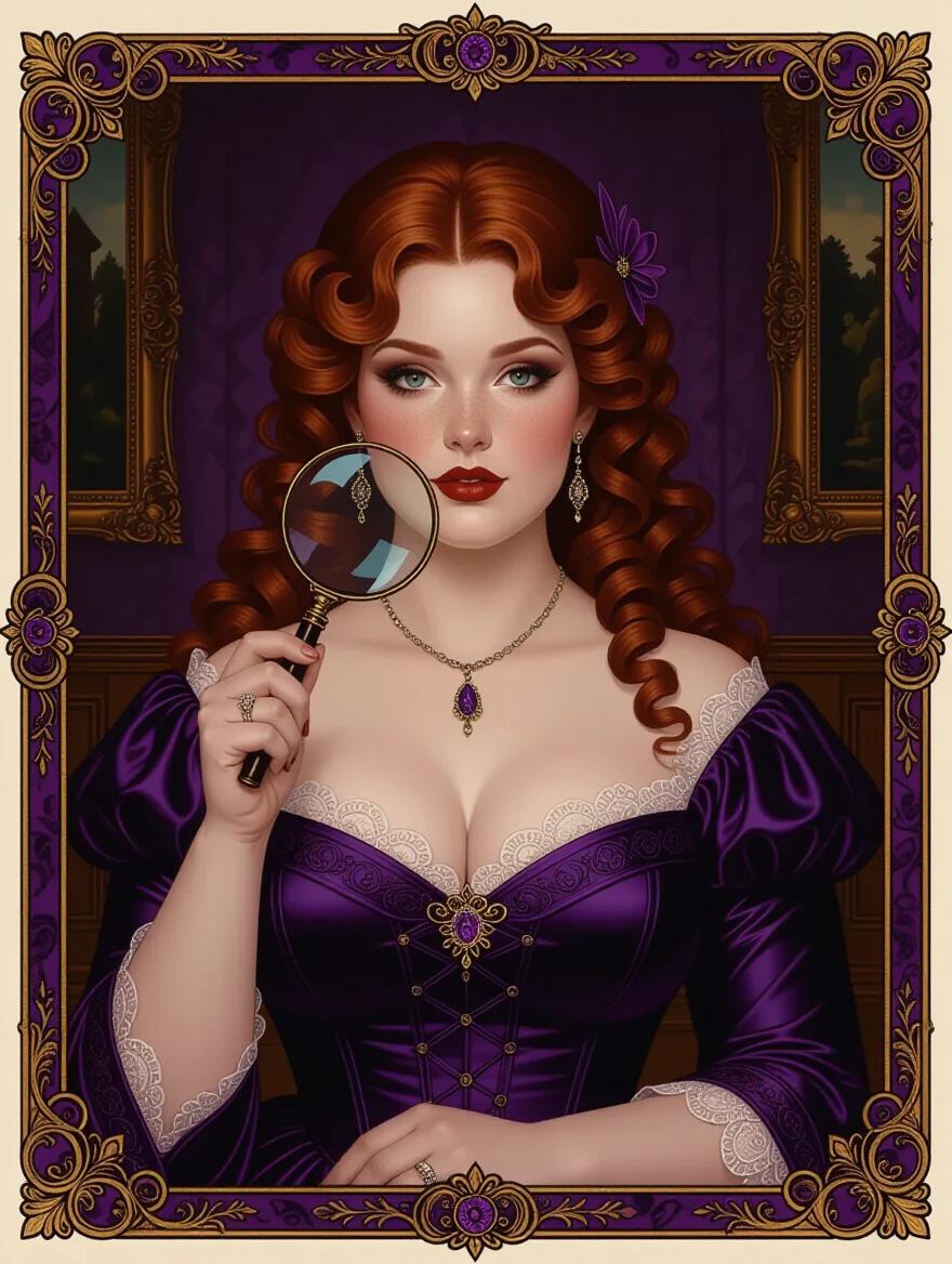 Portrait of a plump woman in her 20s with curly red hair. She wears dark purple formalwear. She holds a magnifying glass. Scene set in a dim mansion room. Atmosphere is dark and mysterious. Framed with an art nouveau border.