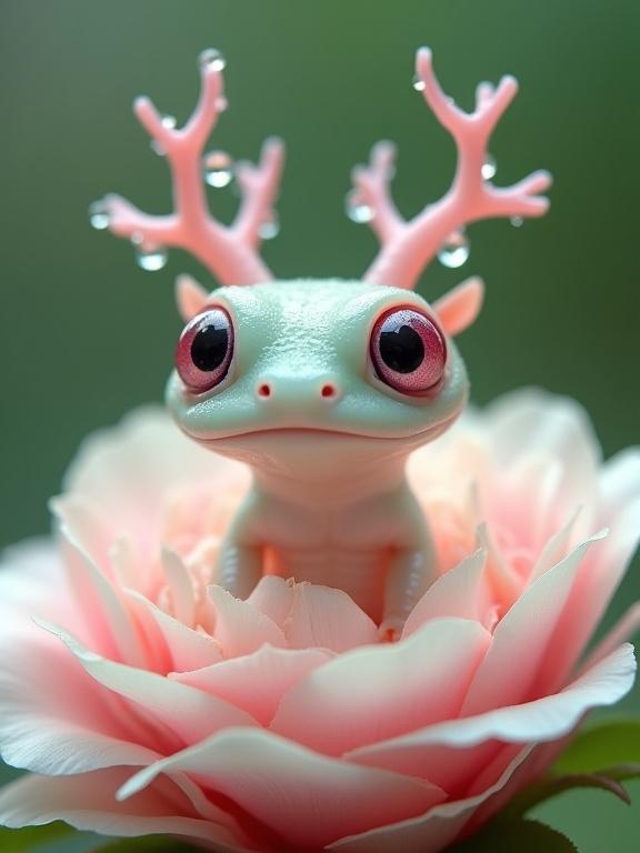 Fantasy amphibian-like creature sits among soft flower petals. Rounded semi-translucent body with delicate texture. Large head with massive pink eyes. Antennae resemble coral, tipped with water droplets. Tiny limbs lightly resting on petals. Background features pink and white layered flower petals. Magical, gentle mood evoked.