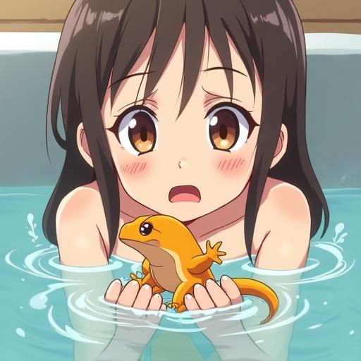 Inside a bath scene. A girl named Kim with brown hair looks surprised. A small gecko splashes about in the water, appearing panicked. Kim gently scoops the gecko into her hands. Water drips between her fingers. The gecko is later placed on a towel to shake off.