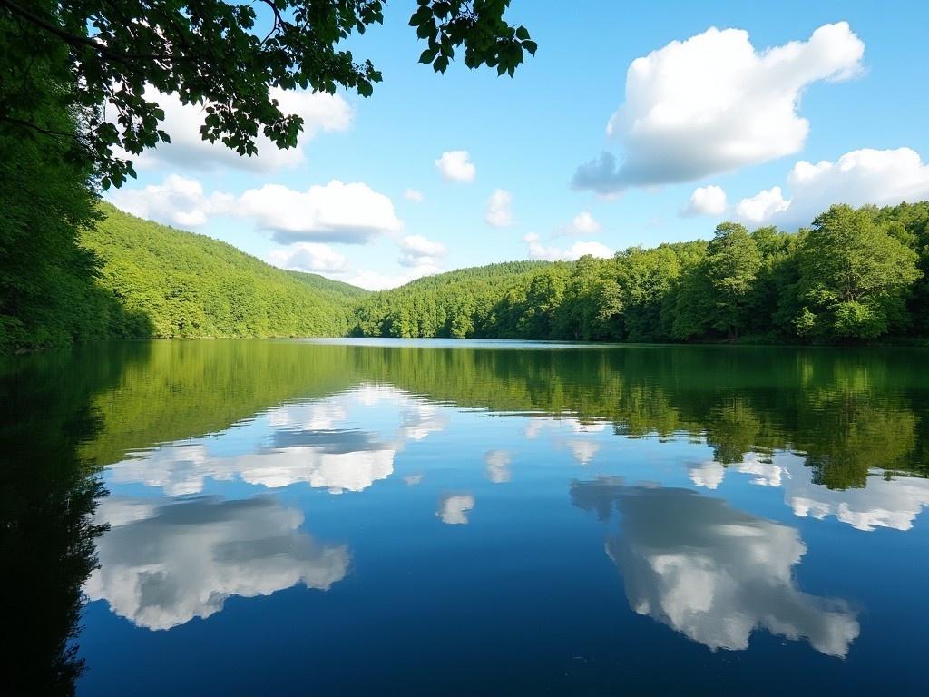 This image captures a serene lakeside view, showcasing the calm water that perfectly reflects the clouds and the lush green surroundings. The sky is dotted with fluffy white clouds, creating a tranquil atmosphere. The vibrant trees frame the water, contributing to the peaceful aesthetic. It's a beautiful example of nature's symmetry and harmony. This landscape invites viewers to appreciate the beauty of outdoor scenes.