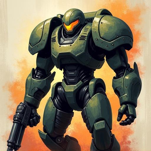 Doom style character with unique design and drawn arms in a powerful stance.