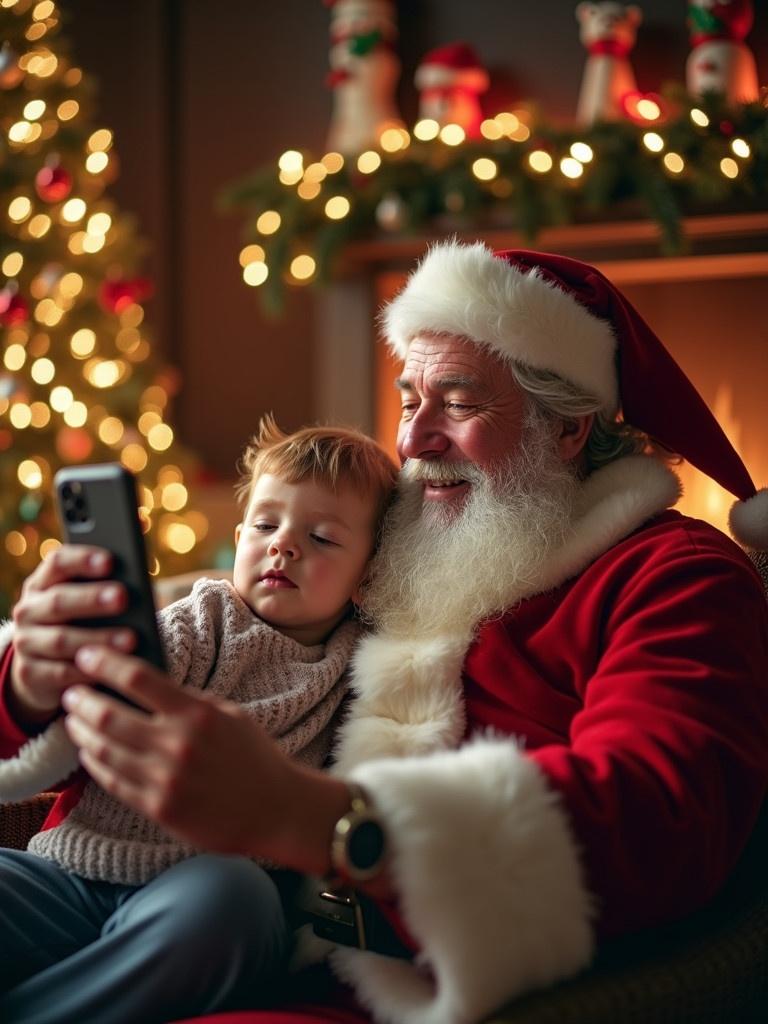 Santa Claus takes a selfie with a sleeping child in a festive setting. Background features Christmas decorations and a fireplace. Scene conveys warmth and joy associated with the holiday season.