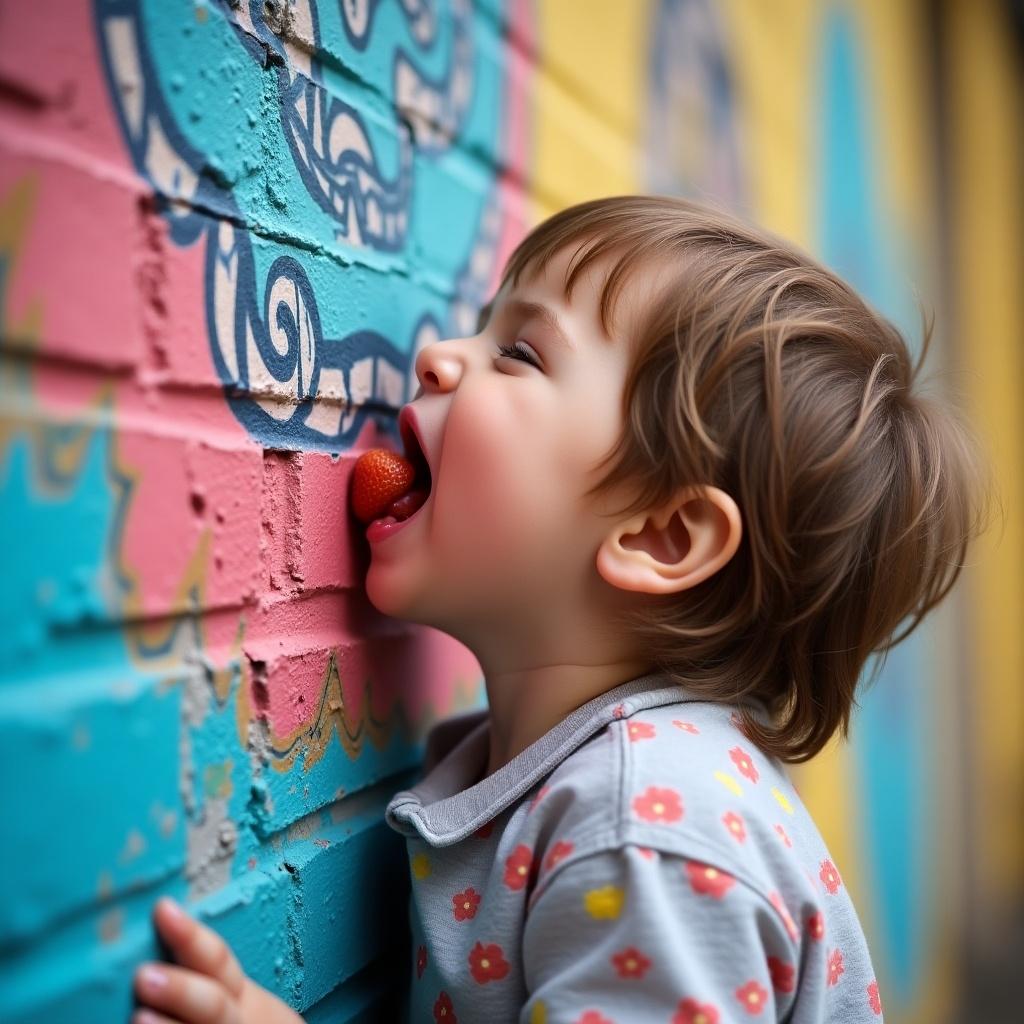 Child interacts with colorful mural on a brick wall. Child is licking the mural while drooling and crying.