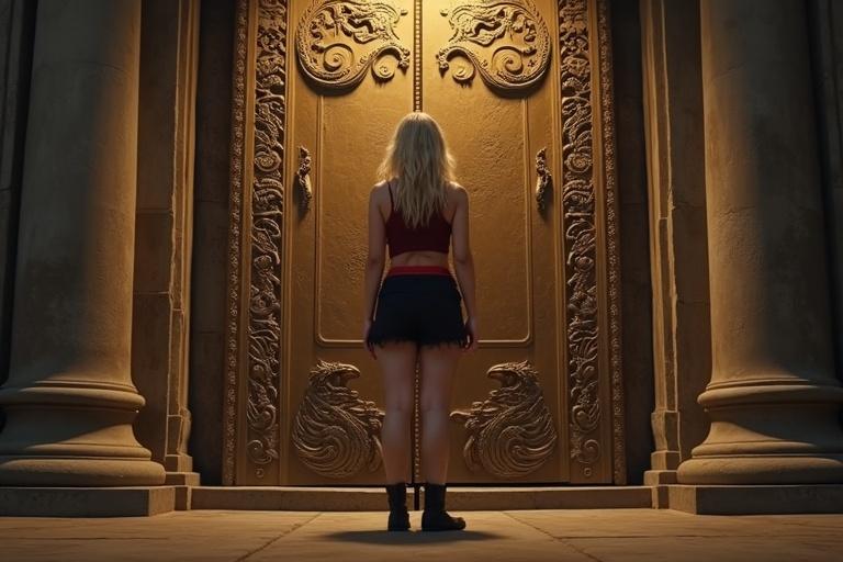 A tall girl stands before an enormous ancient stone door. The door features elaborate carvings of treasure motifs. Dust reflects ambient crystal light. She studies the door with fingers touching the carvings. Posture shows anticipation and excitement. The girl wears a tight dark red crop top, glossy black cutoff shorts, a loose red belt, and muddy boots. The scene has muted gold highlights and cool shadow grading.