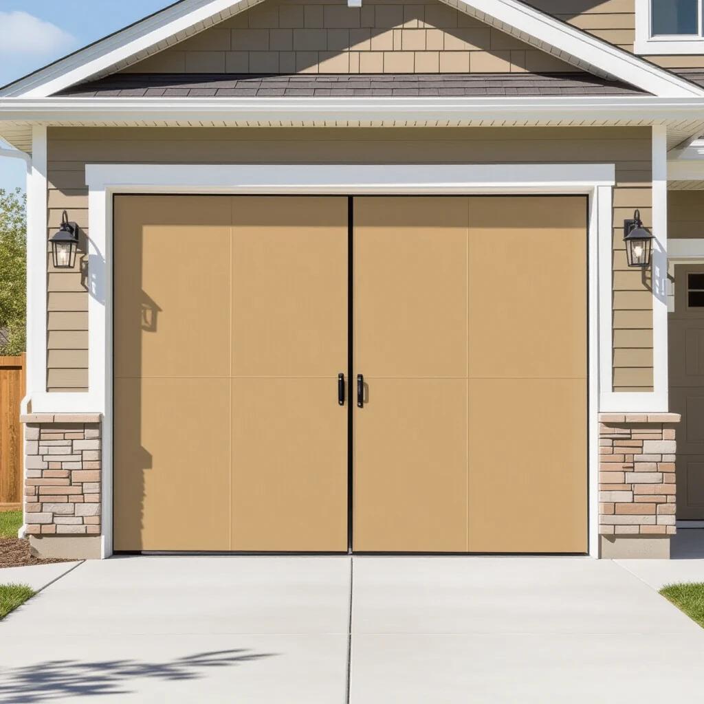 Tan color opaque vinyl industrial curtain for a residential garage door. Curtain splits in the middle for access. Garage attached to the house. Brightly lit exterior.