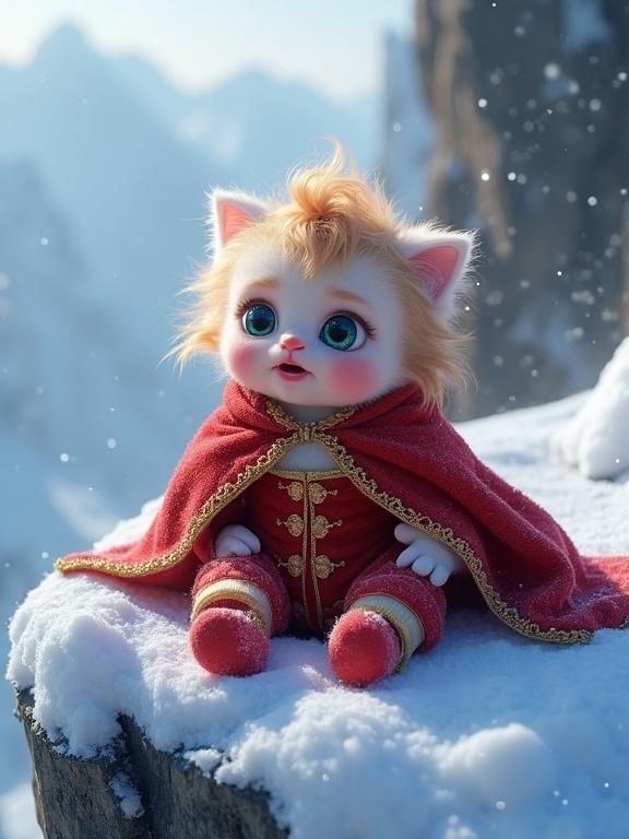 A snowy mountain cliff during a blizzard. A royal baby in a red velvet onesie and tiny booties. The baby has golden curls and blue eyes. The baby looks at a fluffy kitten. The kitten has pastel fur and a bandana. Snow is falling. Images show tension and curiosity. Wind swirls violently.