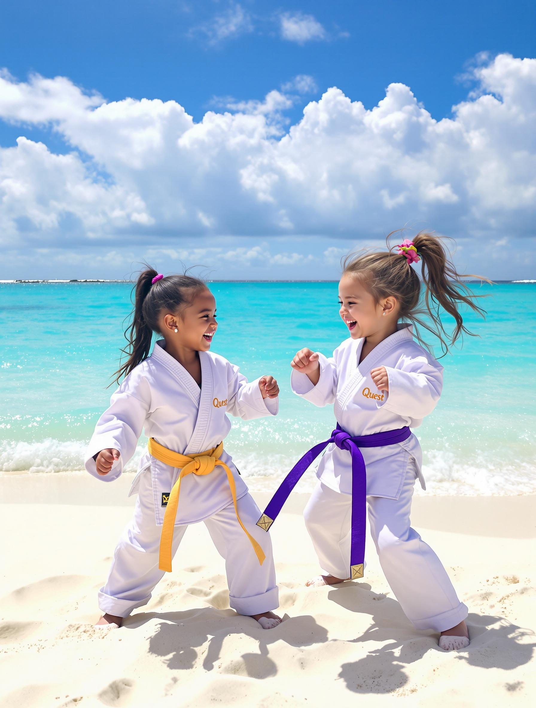 Two girls in white taekwondo uniforms practice on the beach. One girl wears a yellow belt; the other wears a purple belt. They are laughing and kicking in the sand. The backdrop shows turquoise sea and blue sky with fluffy clouds. The setting is playful and energetic under strong sunlight. The scene captures joy and friendship.