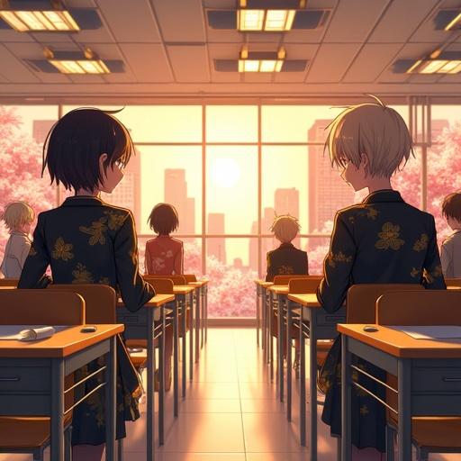 Futuristic elementary school classroom during summer. Students in rich attire are taking an exam. Morning light filters through windows. Red cherry blossoms in the city backdrop. Luxurious design elements.