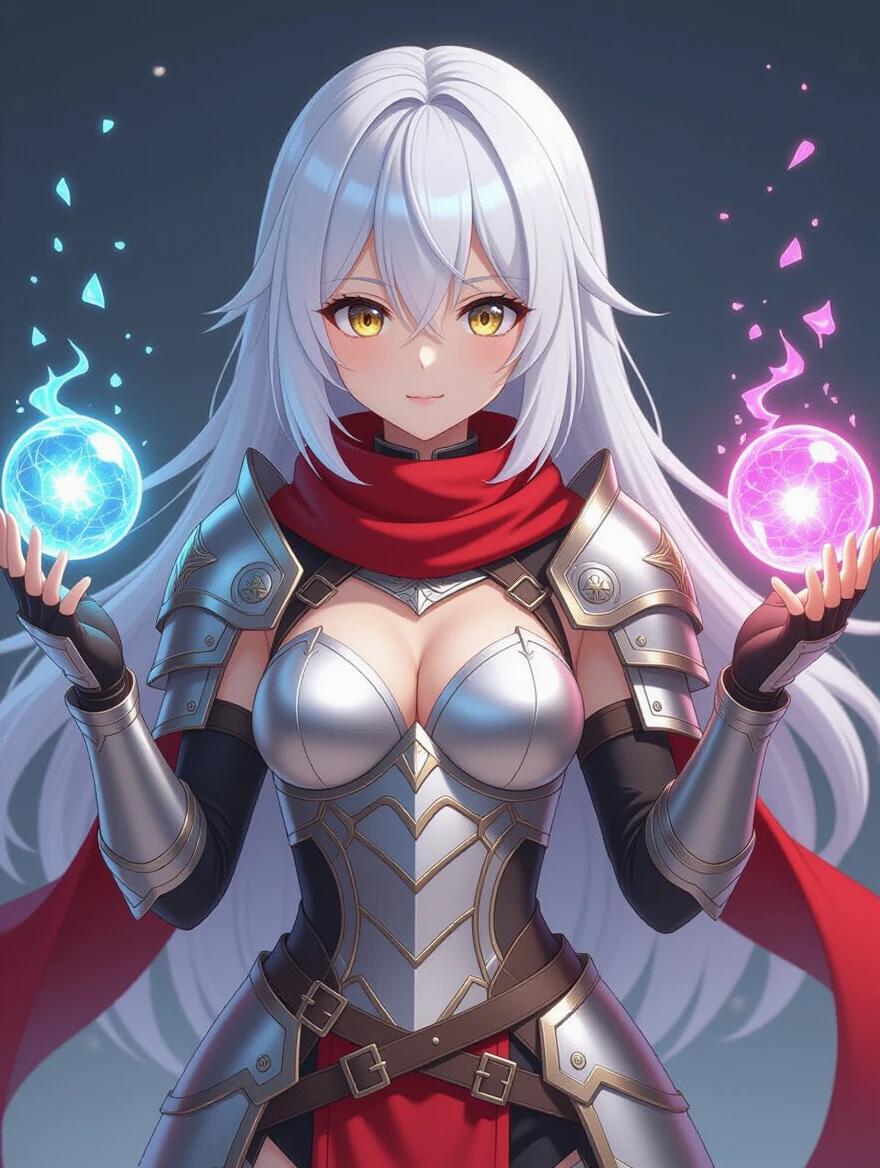 A full-body 3D anime-style photo of a female character with white hair and golden eyes wearing silver armor and holding elemental spheres in her hands. She has a red scarf around her neck.