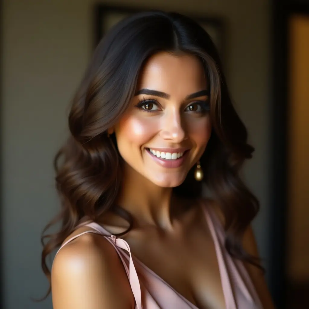 This image showcases a smiling woman with luxurious, long hair styled in soft curls. She is dressed in a delicate pink top and wears elegant earrings, giving her an air of sophistication. Her warm and welcoming smile adds to her charm, creating an inviting atmosphere. The background is softly blurred, enhancing her presence as the focal point of the portrait. The overall lighting is soft and natural, emphasizing her features beautifully.