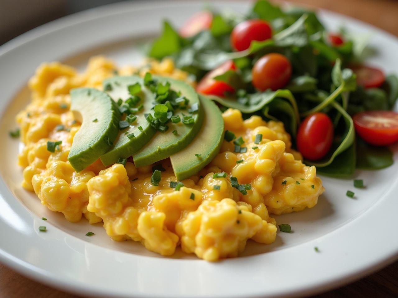 This image features a delicious plate of food showcasing scrambled eggs with creamy green avocado slices accompanied by a fresh side salad. The eggs are fluffy and lightly seasoned, promising a hearty meal. The avocado adds a rich texture and healthy fats, complementing the eggs perfectly. The side salad includes vibrant cherry tomatoes, radishes, and a variety of greens for a refreshing crunch. The dish is beautifully plated, making it visually appealing and inviting for a nutritious breakfast or brunch option.