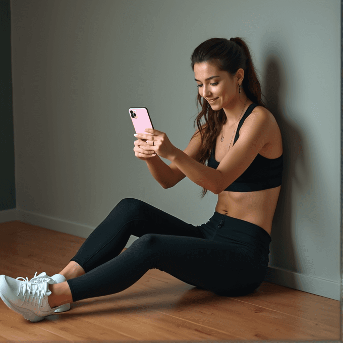 A young woman in athletic wear sits on a wooden floor, smiling as she looks at her phone.