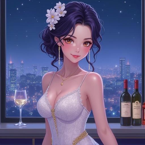 A breathtakingly beautiful anime woman with dark violet hair styled in an updo. She wears delicate white flowers and pearl earrings. Her gentle smile is illuminated by cool light. Dressed in a white gown with lace and a keyhole neckline. A golden belt at her waist. Cityscape visible from a large window. Shelf displays wine bottles. Scene has a serene and elegant ambience.
