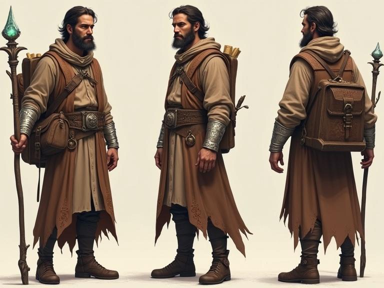A triptych of a wandering scholar in three views. Panel one is a front view where the scholar stands wise with layered robes and a staff. Panel two is a side profile showing a contemplative expression, hood casting shadows. Panel three shows a three-quarter rear view of the scholar with cascading robes and accessories.
