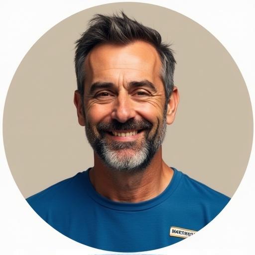 Realistic close-up portrait. Middle-aged man is wearing blue t-shirt. The man has short grayish dark hair. He has brown eyes. Casual expression suggests friendliness. Background is a plain light beige circular area. Soft natural light is illuminating the face.