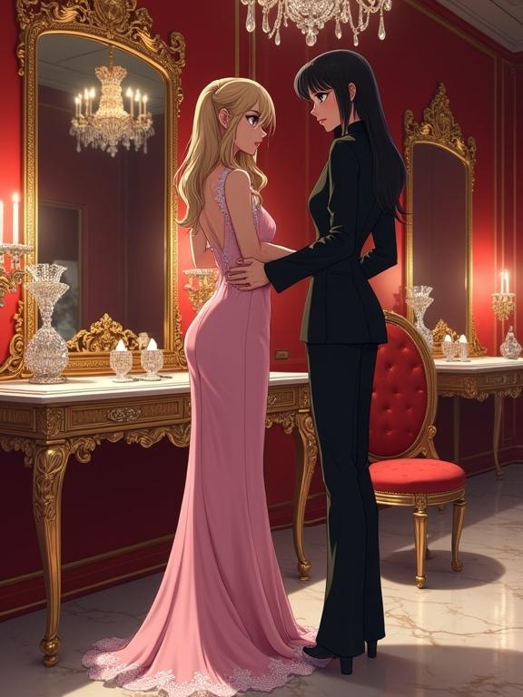 Luxurious vanity room features ornate gold mirrors. Tall woman in black suit stands beside a crossdresser in pink silk dress. Direct eye contact between the two. Woman has stern expression; crossdresser appears surprised. Crystal chandeliers and elaborate decor create a warm atmosphere. Digital anime artwork emphasizes clean linework and soft shading.