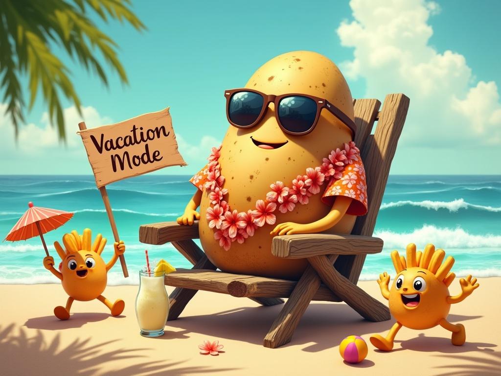 A colossal potato reclines in a driftwood beach chair. The potato wears oversized mirrored sunglasses and a Hawaiian shirt with hibiscus flowers. A colorful umbrella drink rests beside, glistening in the warm light. Animated french fries play beach volleyball nearby. One fry holds a sign that says 'Vacation Mode'. The scene feels vibrant and relaxing.