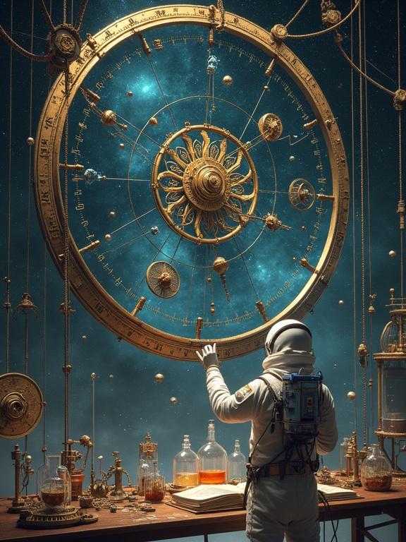 A gigantic cosmic clockwork mechanism is displayed. Astronaut adjusts planetary gears and comet hands. Astronaut is suspended by pulleys in a space workshop. Traditional constellations are animated as holographic figures. Various tools manipulate dark matter and energy. Flasks show different times as colored fluids.