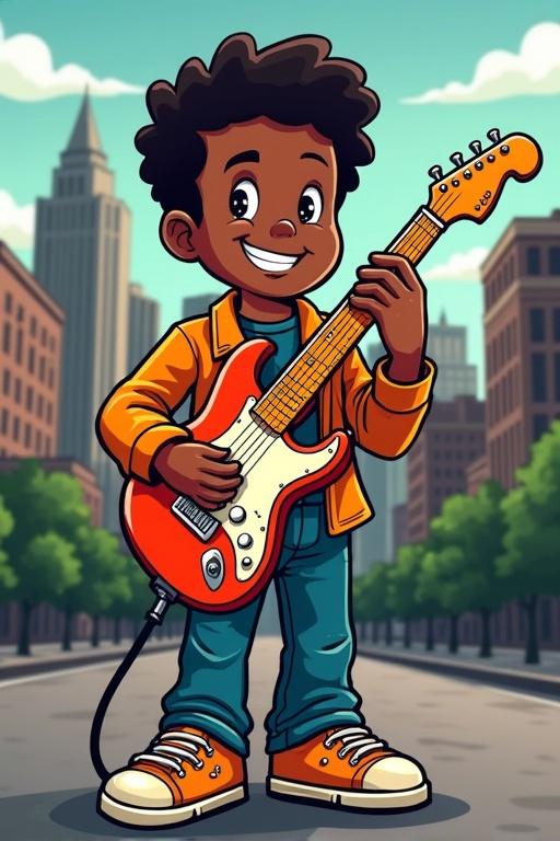 Motown music inspired logo featuring a cartoon child with a guitar. Child holds a coin with a skyline backdrop.