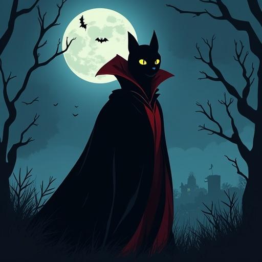 Character in a cloak with feline features stands in a dark forest under a full moon with bats flying around.