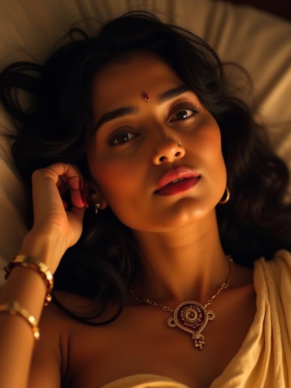 Photo of an Indian woman with warm sienna wheat skin. She has an ornate gold and ruby necklace and is lying on her side. The lighting is warm with candlelight shadows enhancing the curves of her body. Hair is long and wavy. The pose is elegant and photorealistic. Focus on the rich textures and colors without the face being visible.