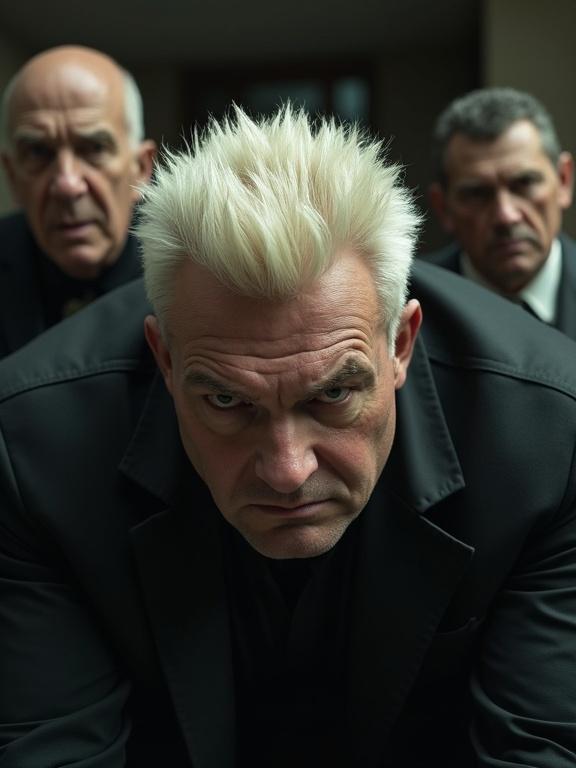 A large man stares menacingly at the camera with short spiked white blond hair and dark clothing. A middle aged man with a thin face stands behind him looking over his shoulder. Both men have intimidating expressions. Shot from a low angle.