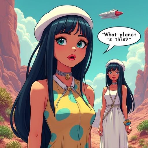 Two women on an alien planet. One has blue eyes, black hair, white beret, colorful dress. Other has green eyes, black hair, white dress. Each shows surprise. Speech bubbles say, 'What planet is this?' and 'This is Genesis'. Background features strange plants, a spacecraft, a robot.