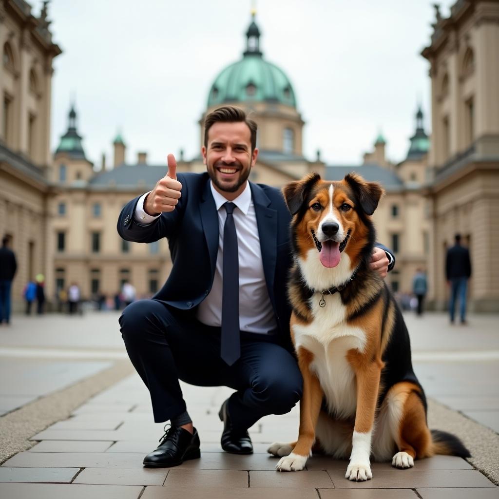 A man dressed in a business suit is kneeling on a walkway, giving a thumbs-up with a big smile. Next to him is a happy dog, sitting with its tongue out and a joyful expression. In the background, there is a grand building with a dome and other architectural features, indicating an urban setting. The atmosphere is friendly and positive, creating a sense of camaraderie between the man and the dog. The lighting is soft, suggesting a pleasant day, though the sky is slightly overcast.