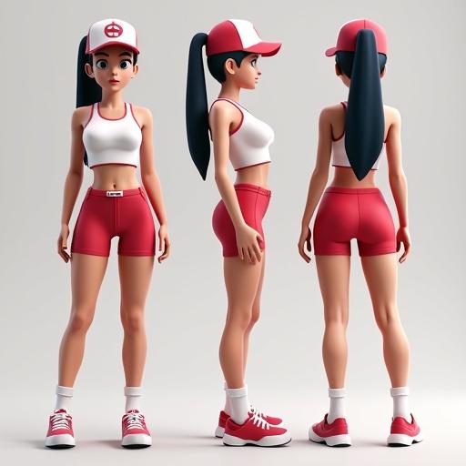 3D model of a feminine Pokémon trainer displaying front side and back views. Character in A-pose showing hourglass shape. Stylized body features. Rendered in octane. Standard rig pose under soft light.