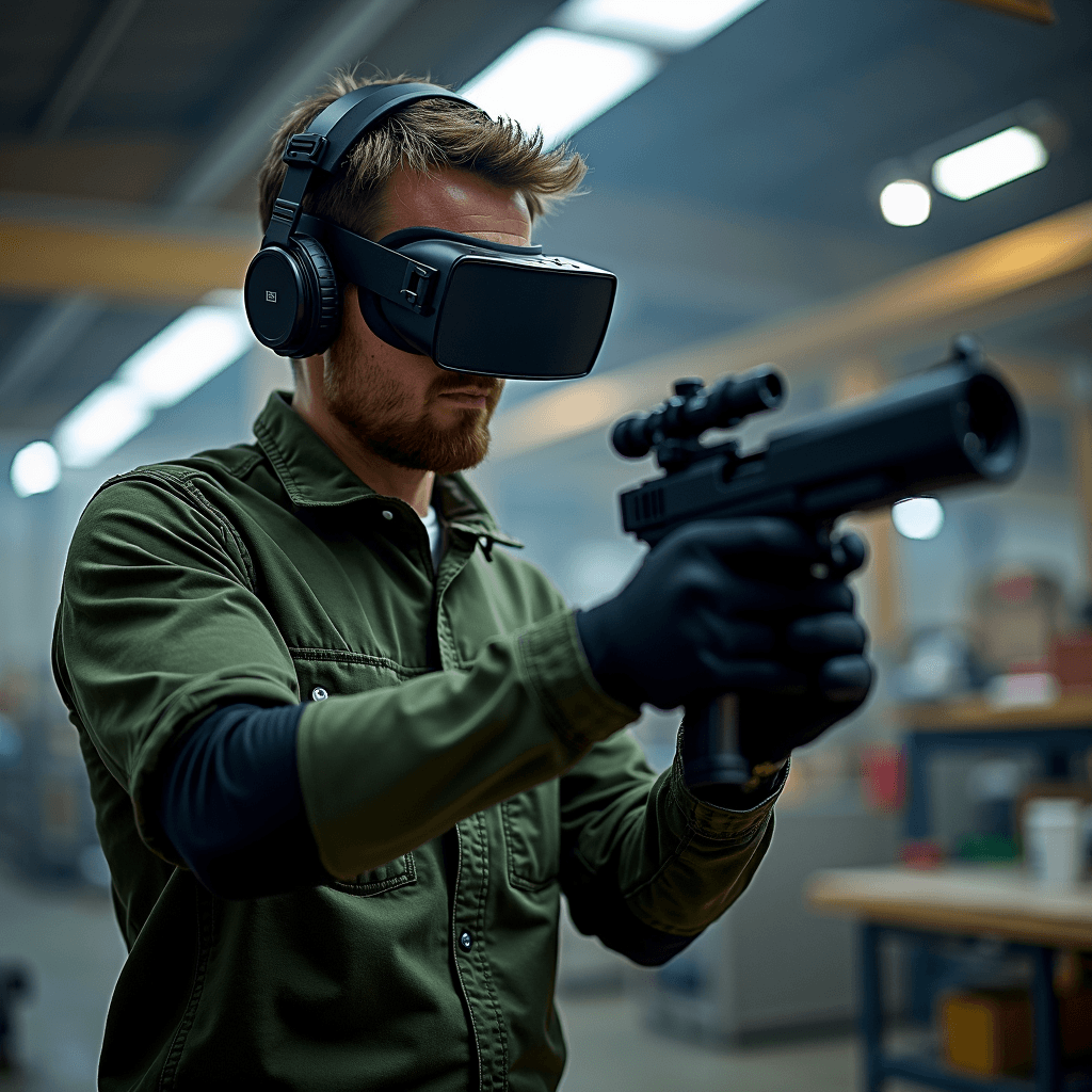 A man wearing virtual reality goggles and headphones, holding a firearm in a tech setting.