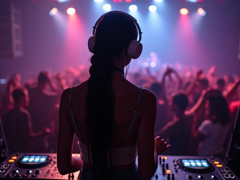 Young woman with dark braid mixes on DJ console. Focused expression. White headphones. Dimly lit club. Energetic crowd. Colorful stage lights illuminate scene.