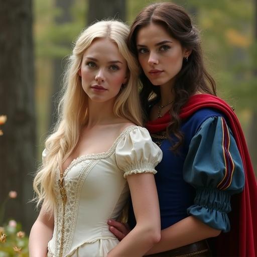 Two female characters standing close to each other in a forest. One character wears a light-colored dress. The other wears a blue and red dress. They look elegant and fantasy-inspired.