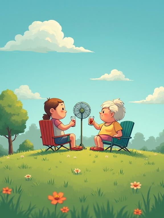 Children sit on grassy hill under blue sky. They enjoy drinks while a fan blows air. Scene conveys joy and friendship.