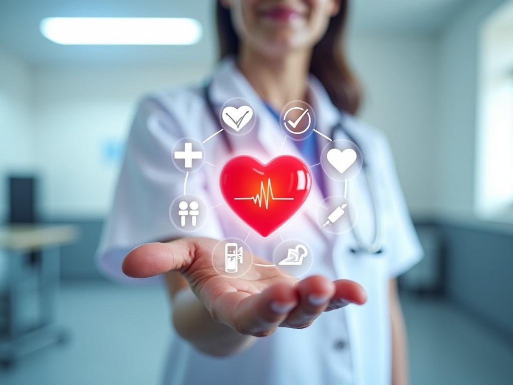 A medical professional is standing in a bright, sterile environment, wearing a white coat and a stethoscope around their neck. They are extending one hand forward, palm up, presenting a shiny red heart symbol that seems to float above their hand. Surrounding the heart are various health-related icons, such as a medical cross, test tubes, and a syringe, representing different aspects of healthcare. The background is blurred to emphasize the heart and the medical symbols. The overall atmosphere conveys a sense of care, compassion, and technological advancement in the medical field.