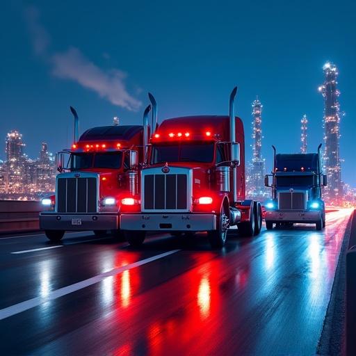 Three trucks including a red Freightliner a black Mack and a blue International parked diagonally on a highway. In the background refinery lights shine bright. Wet pavement shows bluish neon light emerging upward. Vibrant scene with a slightly retro-inspired style.