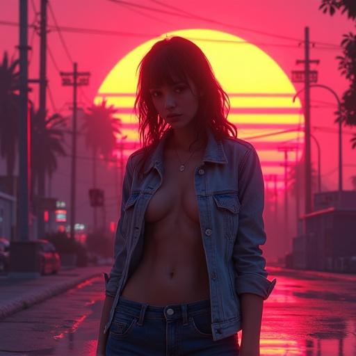 Futuristic urban scene at sunset. Woman with half open jacket and bare chest. Retro synthwave art style. Features text 'The Digital' on an album cover.