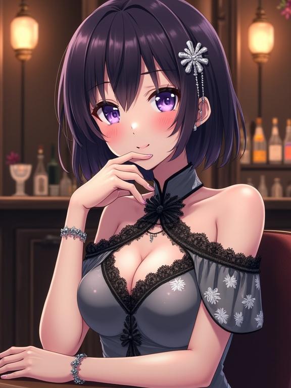Japanese anime illustration of a beautiful adult woman. She has fair skin and captivating purple eyes. Dark violet hair styled in a bob cut. Elegant expression with a subtle smile. Wearing a stylish gray dress with an Asian-inspired design. Dress features a deep V-neckline with black lace and off-the-shoulder sleeves. Seated outside a bar looking at the viewer. Background depicts a luxurious, dimly lit bar with warm light fixtures.