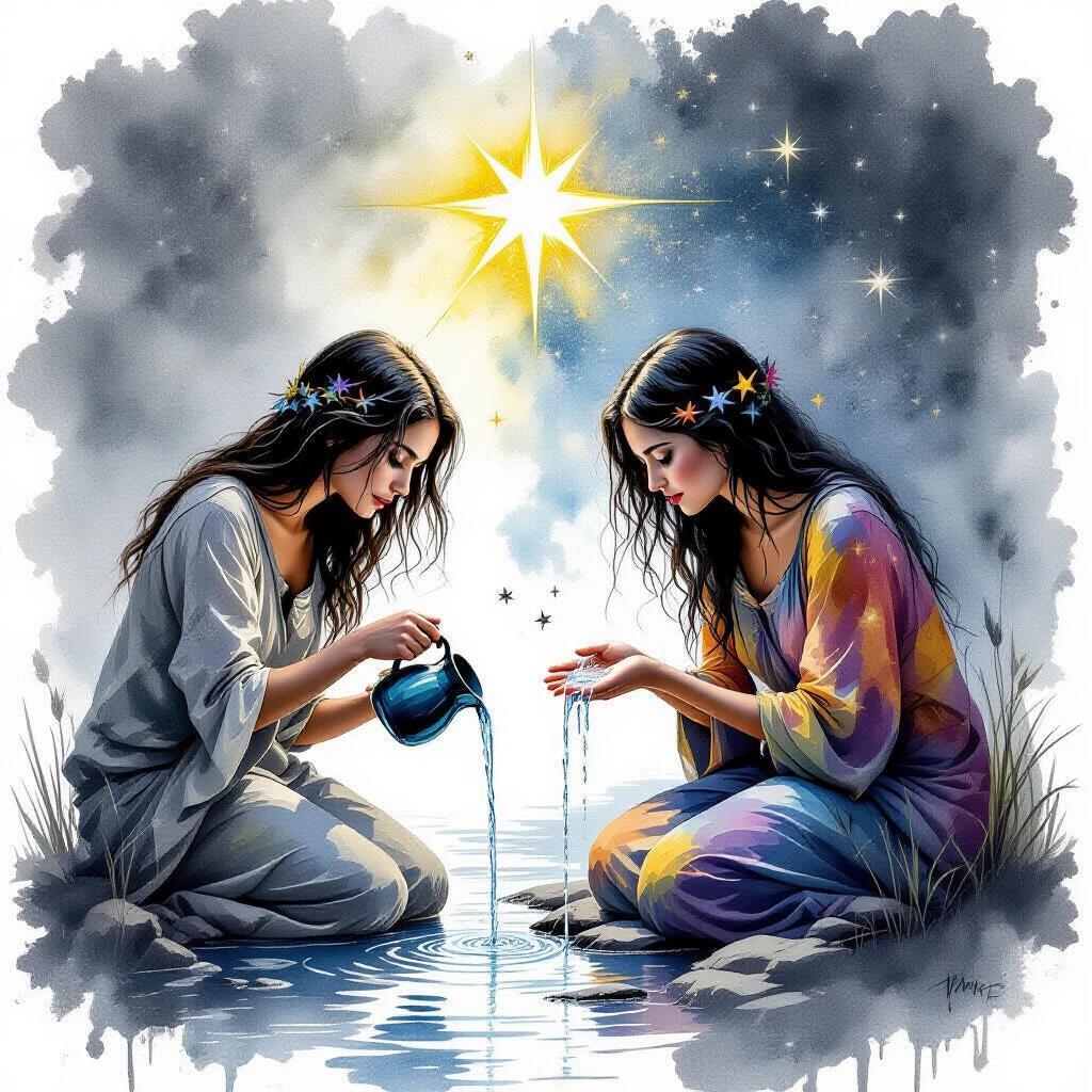 Blend two styles. Capture raw emotions through graphite art. Reflect passion and turmoil with watercolor splatter. Emphasize duality of sin and salvation in black art. Illustrate intense struggles of love, faith, and sacrifice. Central imagery of a woman pouring water, surrounded by stars and a radiant presence.