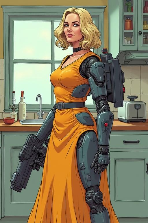 Cyborg character named Uschinator depicted as a whimsical version of a housewife. Dressed in a vintage-style patterned dress and apron. Features include large hair rollers and futuristic robotic arms with kitchen tools. Holds a high-tech vacuum cleaner that appears combat-ready. A jetpack made of thermos containers is on her back. Expression is determined and slightly eccentric. Background combines elements of a 50s kitchen with Sci-Fi command center aesthetics. Cartoonish, colorful, exaggerated style with humorous chaotic atmosphere.