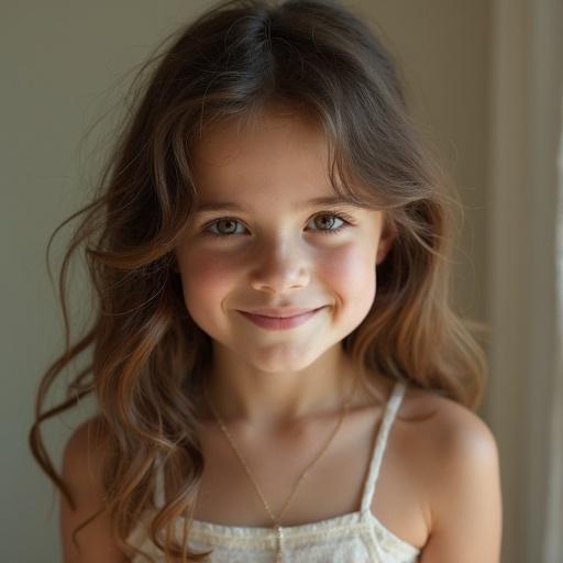 A portrait of a young girl with long brown hair. She has a gentle smile and bright eyes. The setting has soft natural lighting, creating a warm and inviting atmosphere. The focus is on her face.
