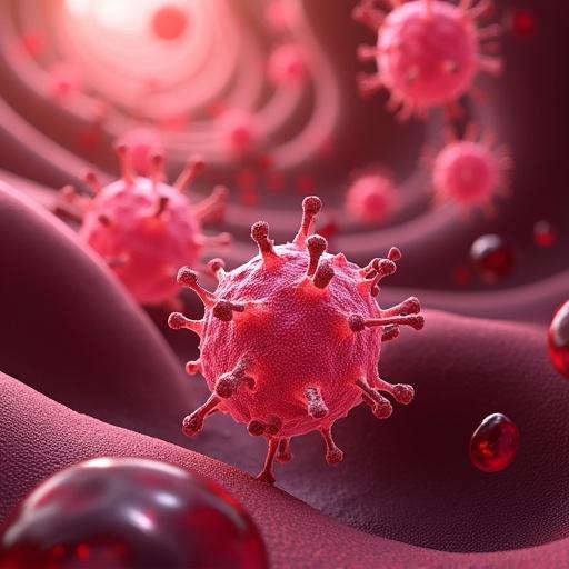 Illustration depicting cancer cells in blood flow with a focus on their structure. Emphasize flowing blood with cancerous cells present.