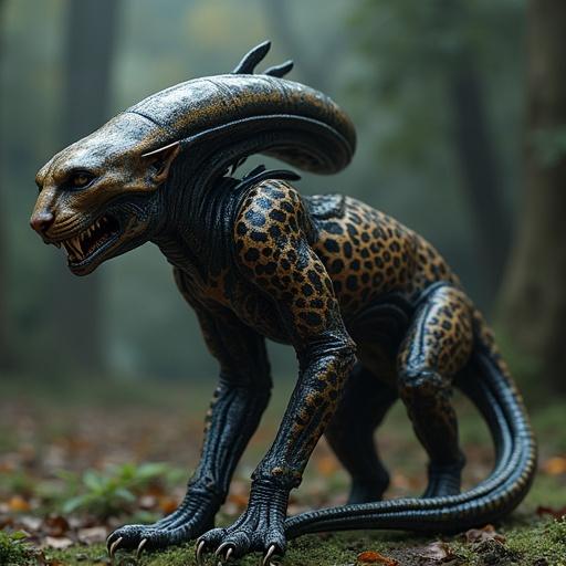 A creature that is a cross between a leopard and an alien xenomorph. The design includes the full body and a long tail, showcasing features of both species.