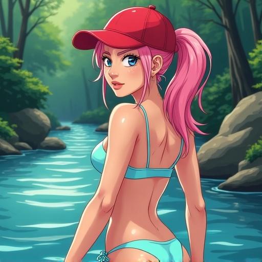 A pink-haired woman in a ponytail poses by a river in the forest. She wears a red cap and a light blue bikini. The illustration style is inspired by anime and manga.