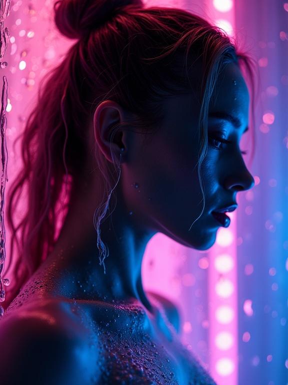 Profile of a woman with vibrant pink and blue lighting. Skin and hair blend with water droplets. Looks artistic and ethereal. Droplets catch light in an eye-catching manner.